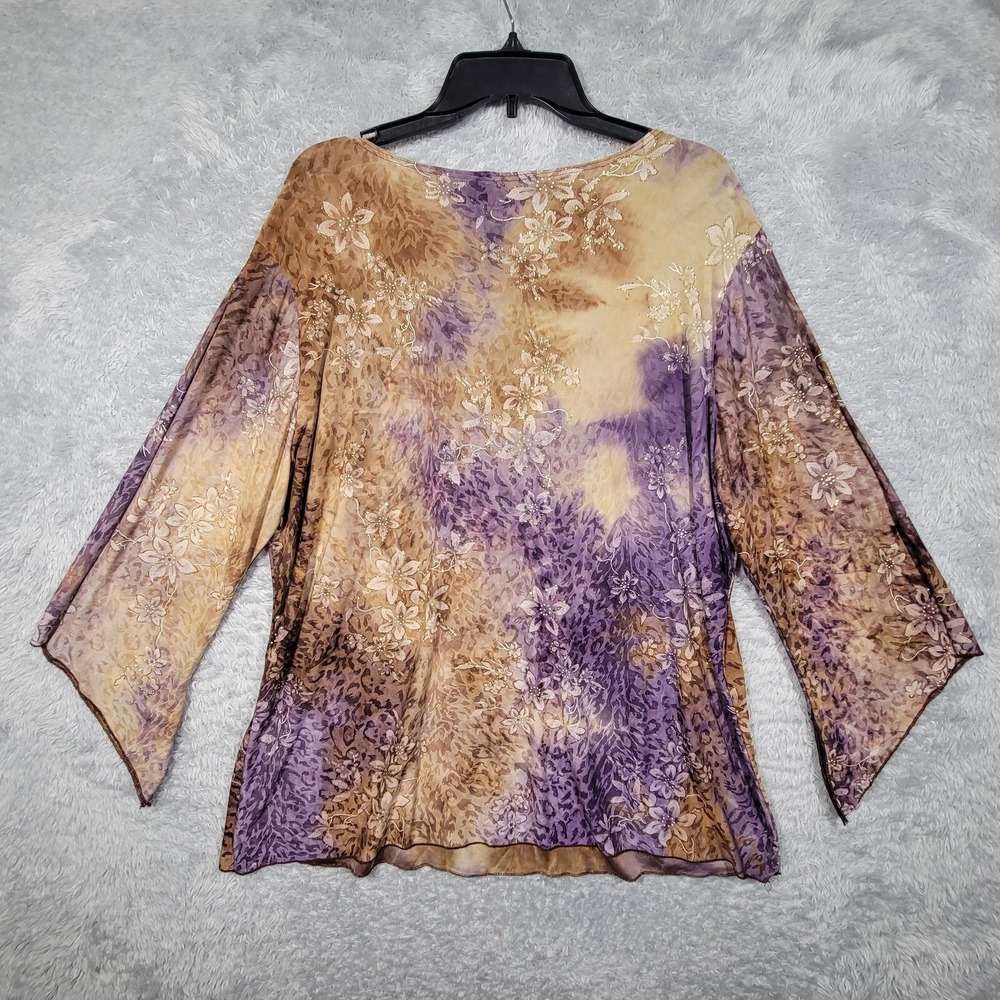 Brittany Black Shirt Womens XL Purple Gold Floral Tie Dyed 3/4 Angel Sleeve - Picture 3 of 7
